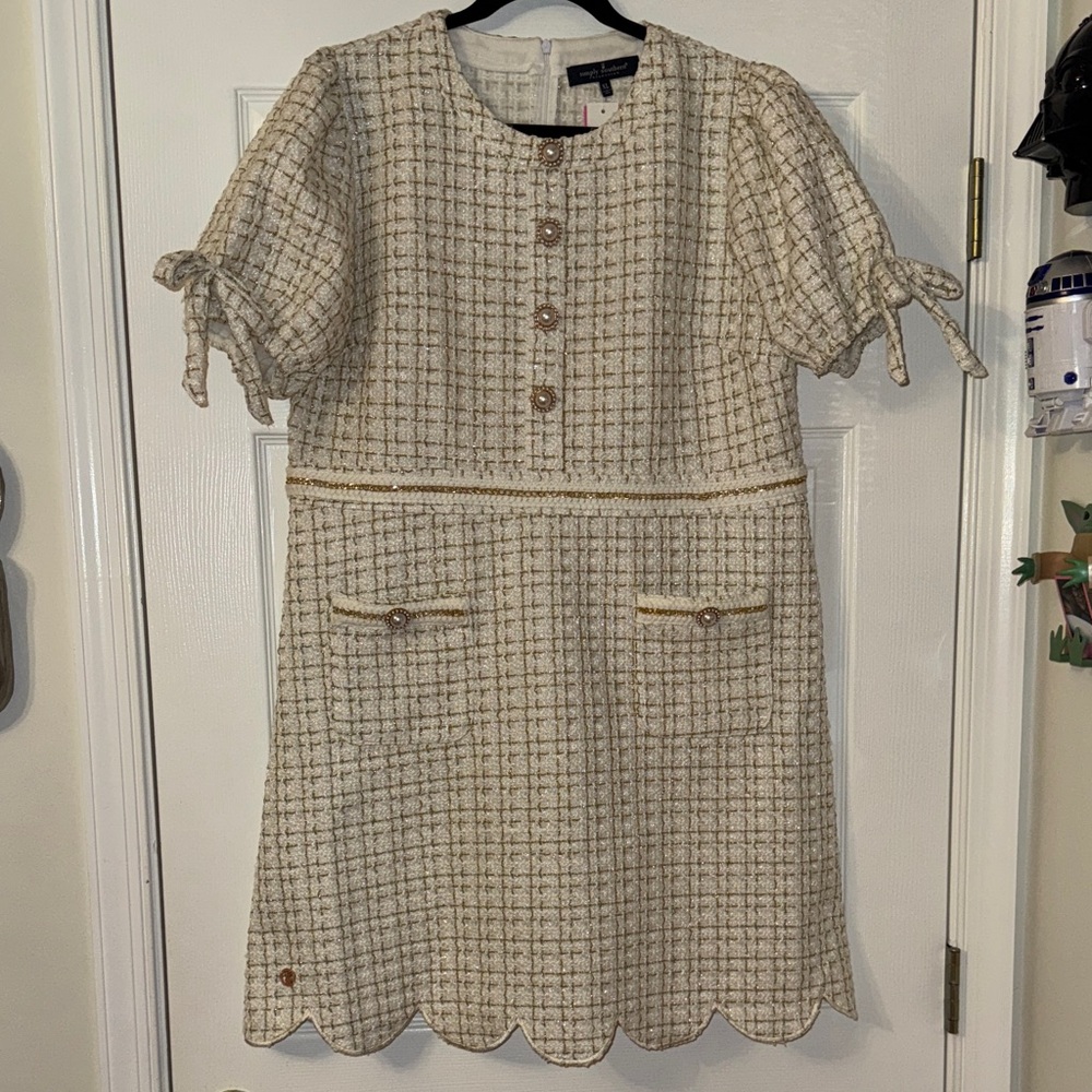 NWT White & Gold Tweed Dress with Pearl Details